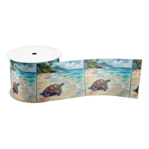 Watercolor Sea Turtle On a Beach Satin Ribbon