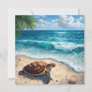 Watercolor Sea Turtle on Sandy Tropical Beach Card