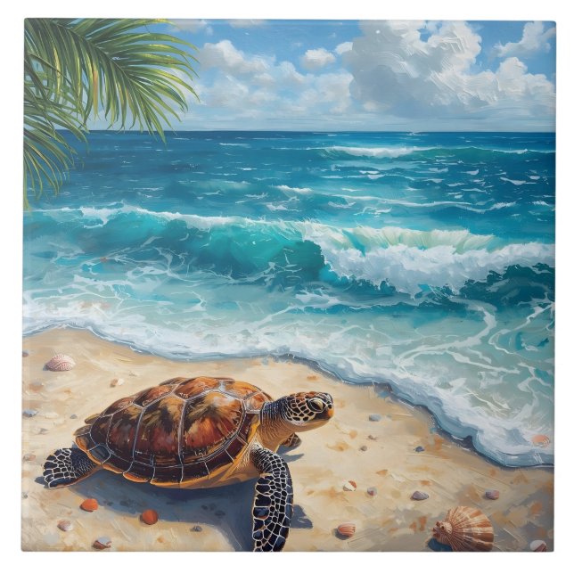Watercolor Sea Turtle on Sandy Tropical Beach  Tile (Front)