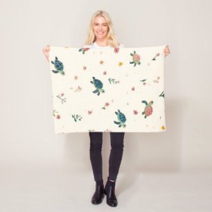 Watercolor Sea Turtle Pattern Cute Coastal Floral Fleece Blanket