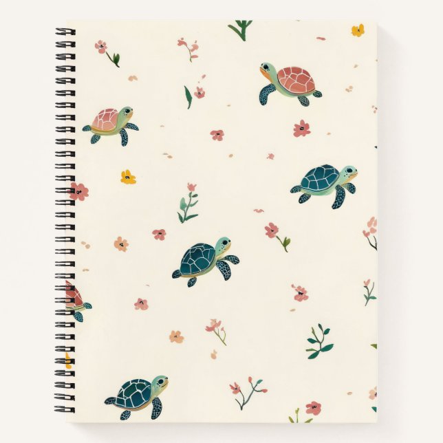 Watercolor Sea Turtle Pattern Cute Coastal Floral  Notebook (Front)