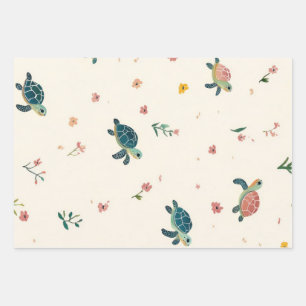 Watercolor Sea Turtle Pattern Cute Coastal Floral Wrapping Paper Sheet