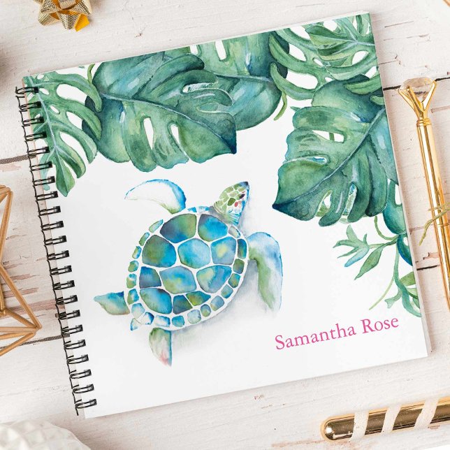 Watercolor Sea Turtle Personalised Journal (Tropical watercolor sea turtle personalized notebook art by Victoria Grigaliunas Do Tell A Belle)