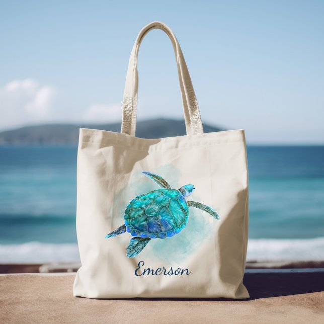 Watercolor Sea Turtle Personalized Name Tote Bag (Creator Uploaded)
