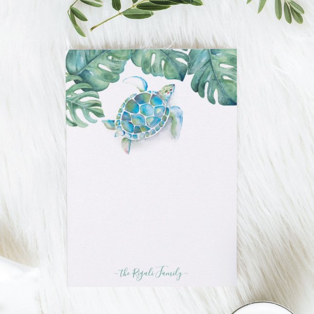 Watercolor Sea Turtle Personalized Stationery Card (Turtle personal stationery features watercolor tropical art by Victoria Grigaliunas Do Tell A Belle)