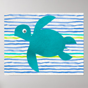 Watercolor Sea Turtle Shibori Stripe Poster