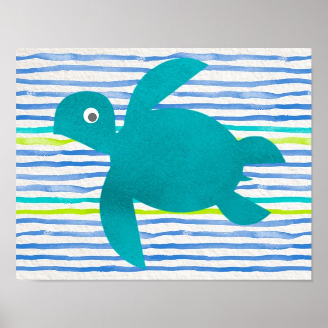 Watercolor Sea Turtle Shibori Stripe Poster (Front)