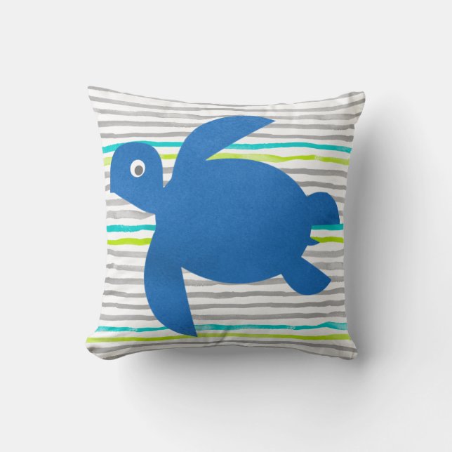 Watercolor Sea Turtle Shibori Stripe Reversible Cushion (Front)