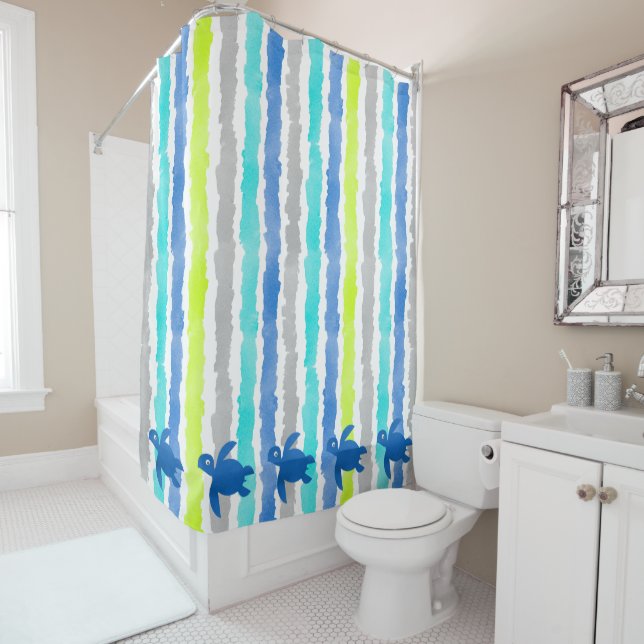 Watercolor Sea Turtle Shibori Striped Shower Curtain (In Situ)