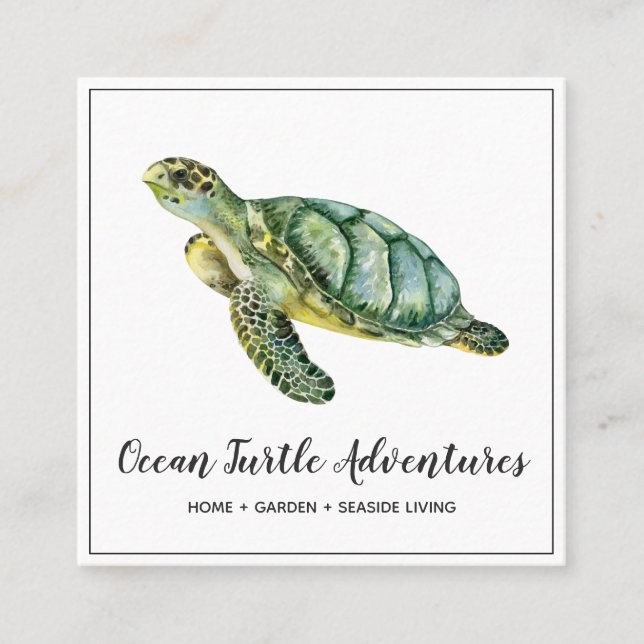 Watercolor Sea Turtle Square Business Card (Front)