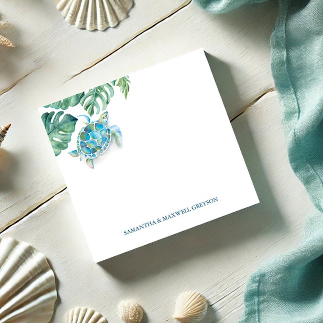 Watercolor Sea Turtle Tropical Greenery Post-it Notes (Cute custom sea turtle post it note unique watercolor art by Victoria Grigaliunas Do Tell A Belle)