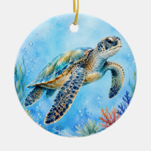 Watercolor Sea Turtle Underwater