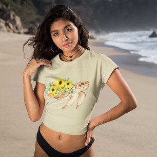 Watercolor Sea Turtle with Sunflowers Graphic T-Shirt