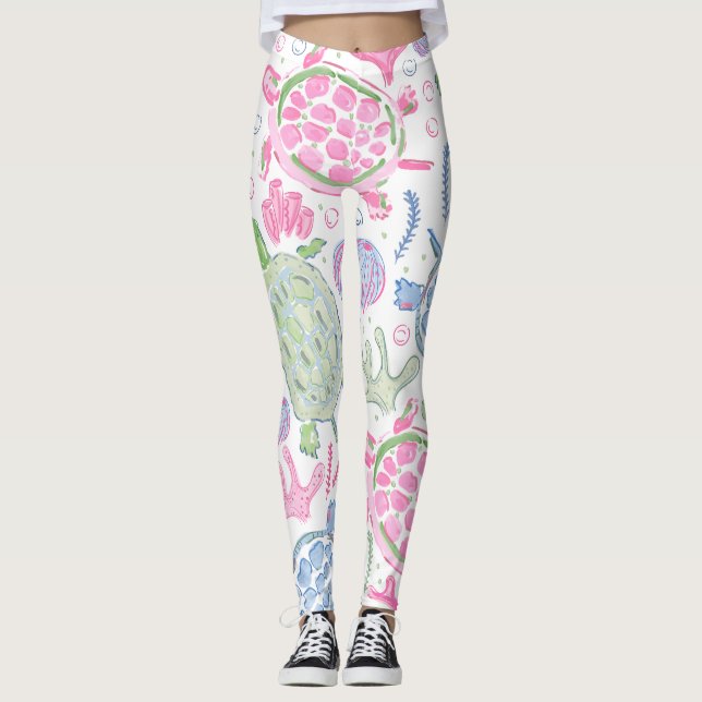 Watercolor Sea Turtles Coastal Ocean Leggings (Front)