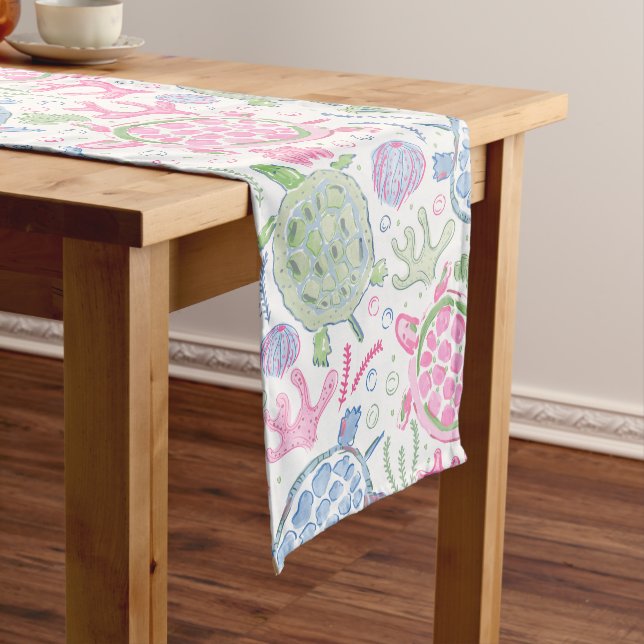Watercolor Sea Turtles Coastal Ocean Monogram Medium Table Runner (In Situ)