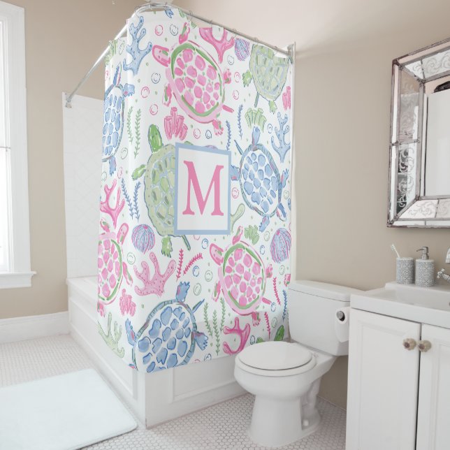 Watercolor Sea Turtles Coastal Ocean Monogram Shower Curtain (In Situ)