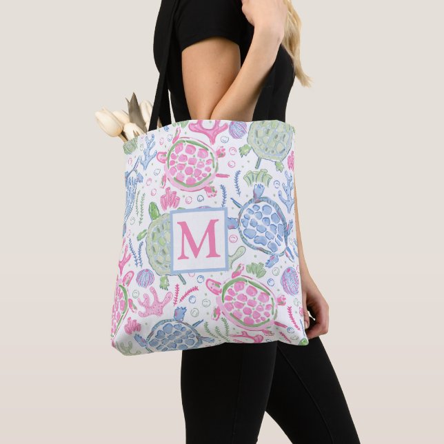 Watercolor Sea Turtles Coastal Ocean Monogram Tote Bag (Close Up)