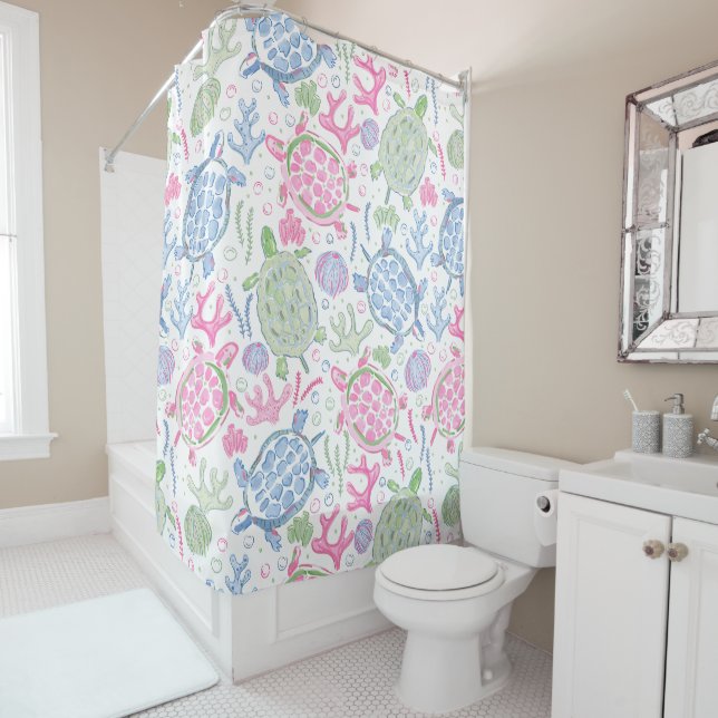 Watercolor Sea Turtles Coastal Ocean  Shower Curtain (In Situ)