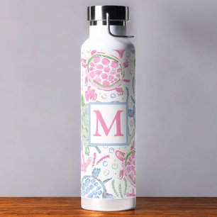 Watercolor Sea Turtles / Monogram Coastal  Water Bottle