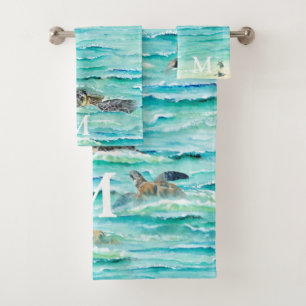 Watercolor Sea Turtles Ocean Monogram Bath Towel Set