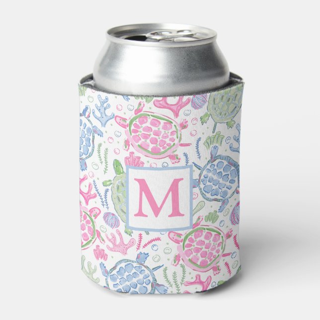 Watercolor Sea Turtles Ocean Monogram Can Cooler (Can Front)