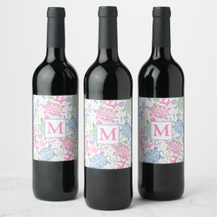 Watercolor Sea Turtles Ocean Monogram Coastal  Wine Label