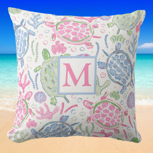 Watercolor Sea Turtles Ocean Monogram Cushion