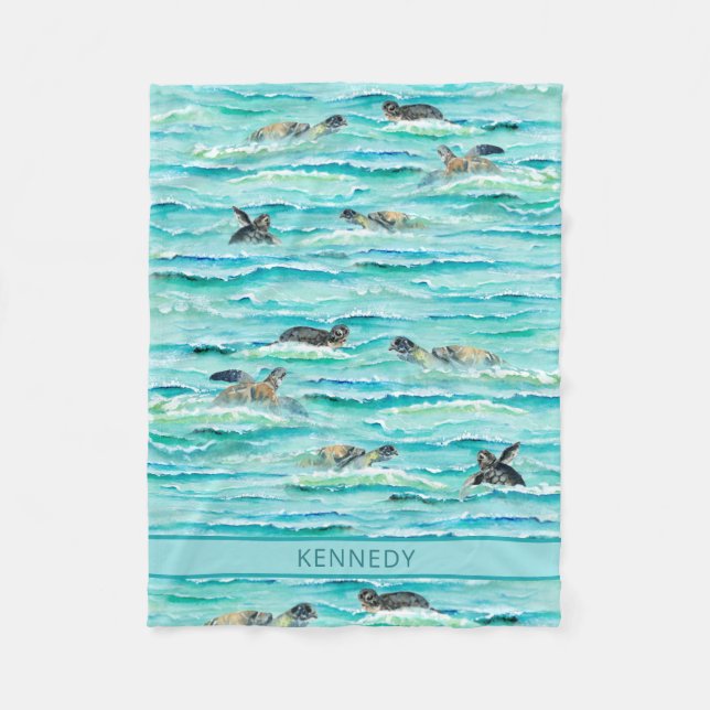 Watercolor Sea Turtles Ocean Turquoise Personalise Fleece Blanket (Front)
