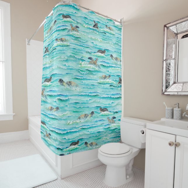 Watercolor Sea Turtles Swimming Turquoise Ocean Shower Curtain (In Situ)