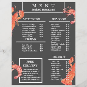 Watercolor Seafood Crab Grill Restaurant Menu Grey