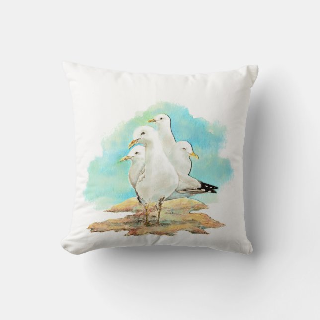 Watercolor Seagull Family Birds Cushion (Front)