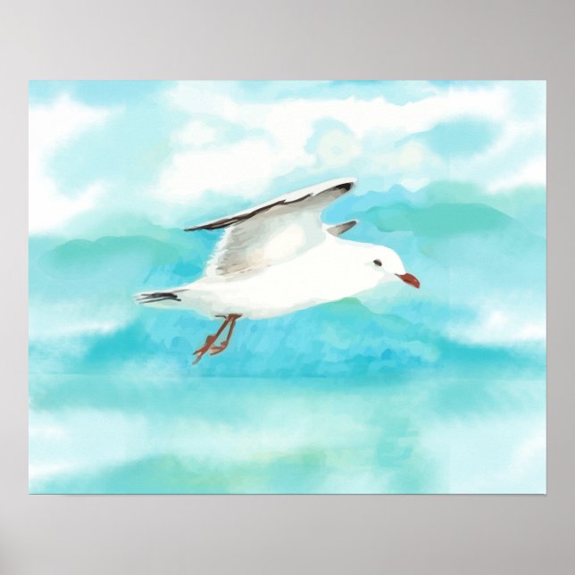 Watercolor Seagull in the Rain Blue Lake Art Poster (Front)