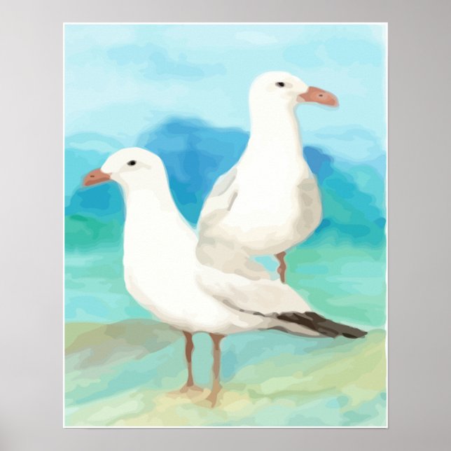 Watercolor Seagulls at the Beach Bird Nature Art Poster (Front)