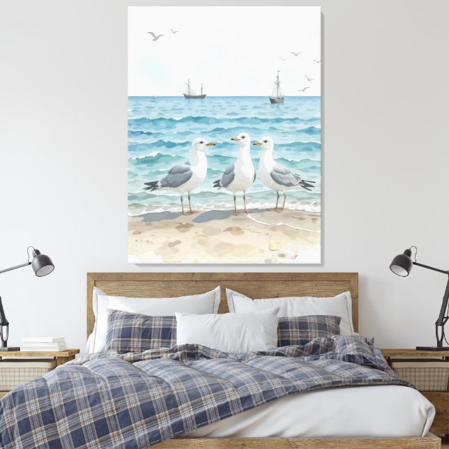  Watercolor Seagulls at the Beach Coastal Custom Canvas Print (Insitu(Bedroom))