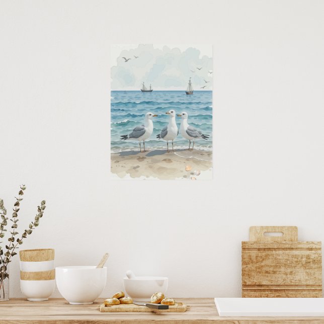  Watercolor Seagulls at the Beach Coastal Custom Poster (Kitchen)