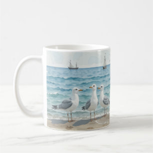  Watercolor Seagulls at the Beach Coastal Ocean Coffee Mug