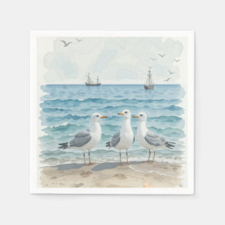 Watercolor Seagulls at the Beach Coastal Ocean Napkin