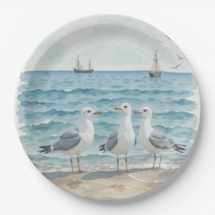  Watercolor Seagulls at the Beach Coastal Ocean Paper Plate