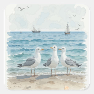 Watercolor Seagulls at the Beach Coastal Ocean Square Sticker
