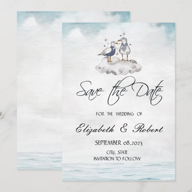 Watercolor Seagulls Beach Save The Date (Front/Back)
