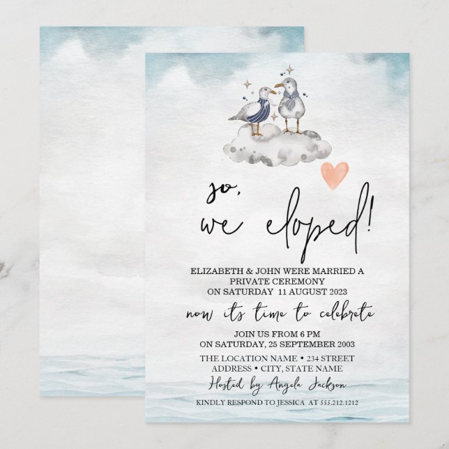 Watercolor Seagulls Beach Wedding Elopement   Invitation (Front/Back)