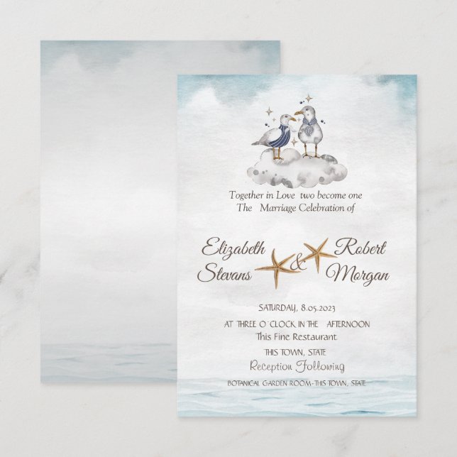  Watercolor Seagulls In Love Beach Wedding Invitation (Front/Back)