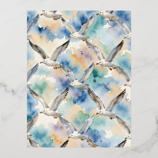 Watercolor Seagulls Seamless Pattern Coastal Home Foil Holiday Postcard