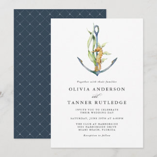 Watercolor Seahorse and Anchor Nautical Wedding Invitation