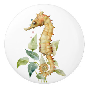 WATERCOLOR SEAHORSE ART, BEACH, COASTAL SEA LIFE CERAMIC KNOB