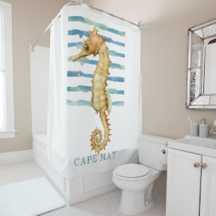 WATERCOLOR SEAHORSE, BEACH, CAPE MAY SHOWER CURTAIN