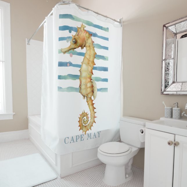 WATERCOLOR SEAHORSE, BEACH, CAPE MAY SHOWER CURTAIN (In Situ)