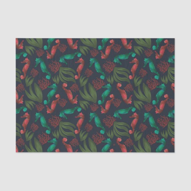 Watercolor Seahorse Blue Nautical Pattern Tissue Paper (Front)