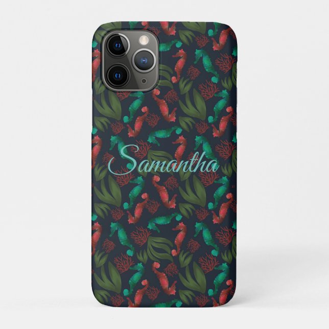 Watercolor Seahorse Blue Nautical Personalised Case-Mate iPhone Case (Back)