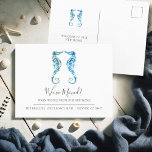 Watercolor Seahorse Change of Address Postcards<br><div class="desc">Announce your new home in style with our sophisticated change of address postcards. This elegant design features a charming pair of blue seahorses in original hand-painted watercolor art, complemented by "We've Moved" in beautifully hand-lettered script typography. Customise the template fields with your new address and names to create a personalised...</div>